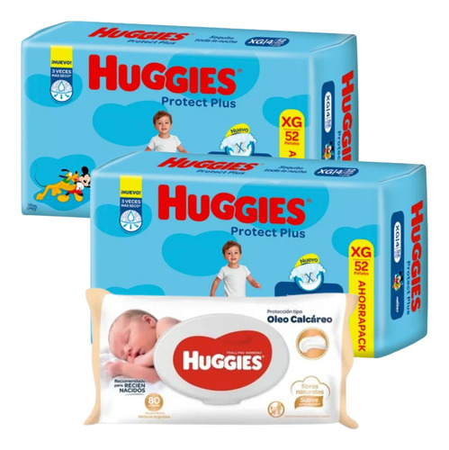 Pack X2 Pañales Huggies Protect Plus + Toallitas Humedas 80u