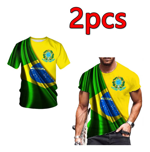 Playera 3d Bandeira Brasil Esportiva, Manga Corta, 2 Unidade