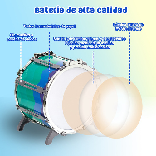 Batería Musical de Juguete Rovtop Toddler Drum Set Azul, Batería Niños Banco Baquetas Platillo Bombo Musicales Toygagade, 5 Tambor