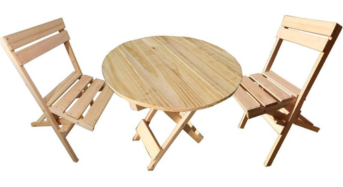 Mesa Redonda + 2 Sillas Plegables En Madera Maciza + Tabla