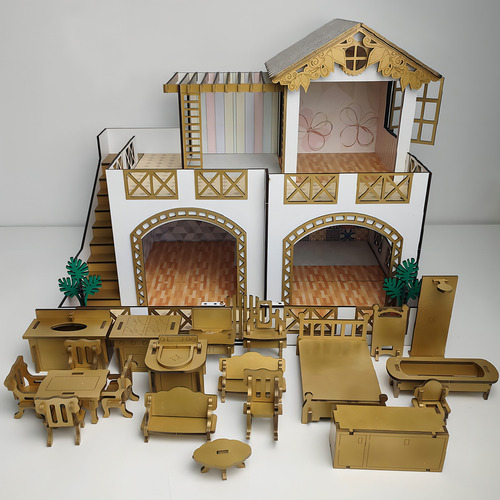 Casinha De Bonecas Infantil Mdf 2 Andares 22 Móveis Dourada