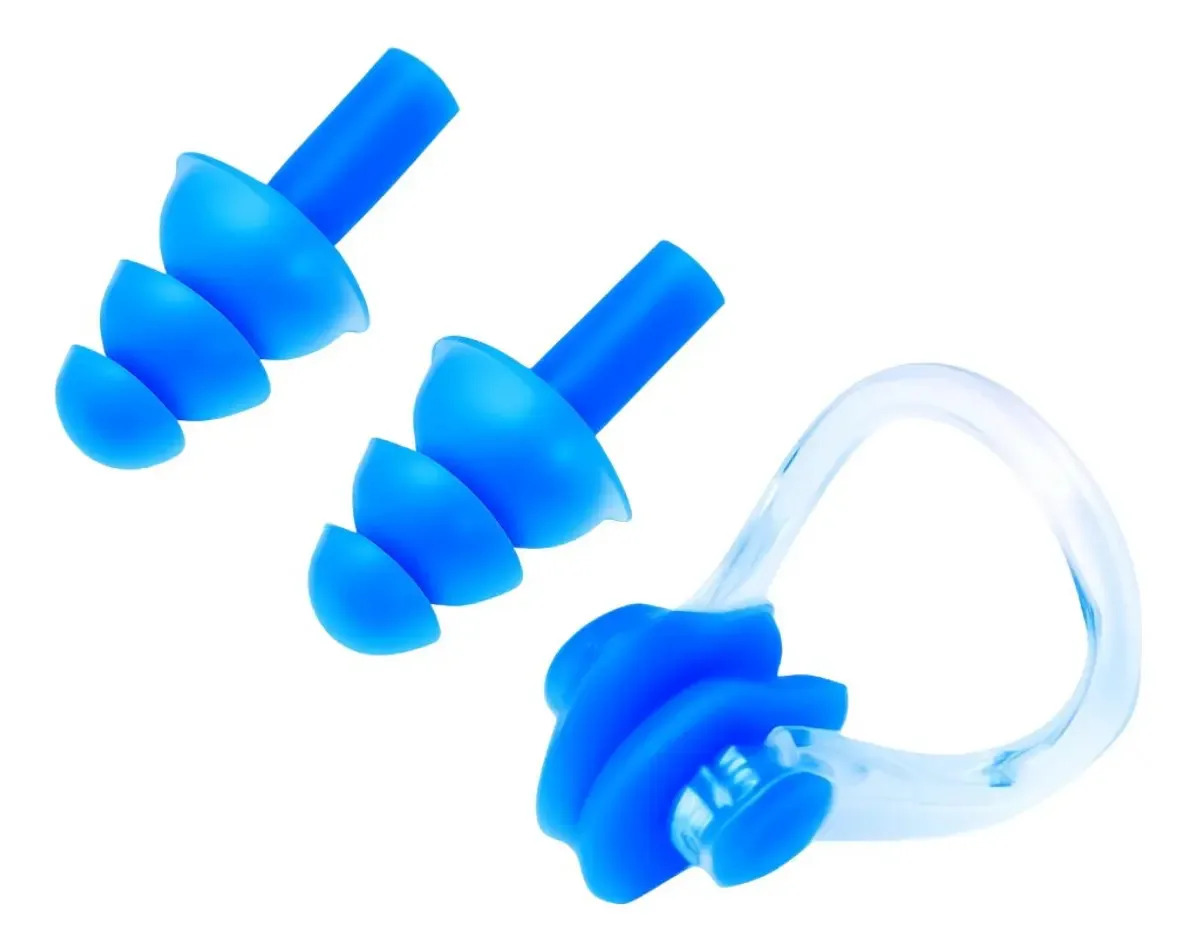 Kit Clip Nasal Presilha Nariz Protetor Tampão Ouvido Natação Cor Azul