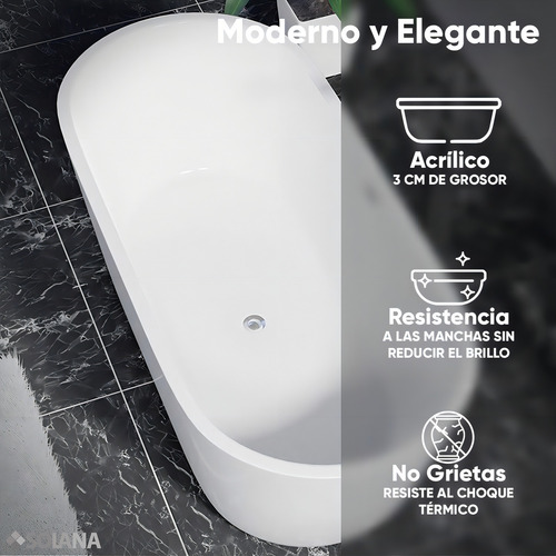 Solana Kit Tina de Baño Ovalada de Acrílico Slim 170x80x60 Cm + Grifo Independiente Monomando Gold Rose / Acrílico Solido Blanco de Alto Brillo Para Cuarto de Baño