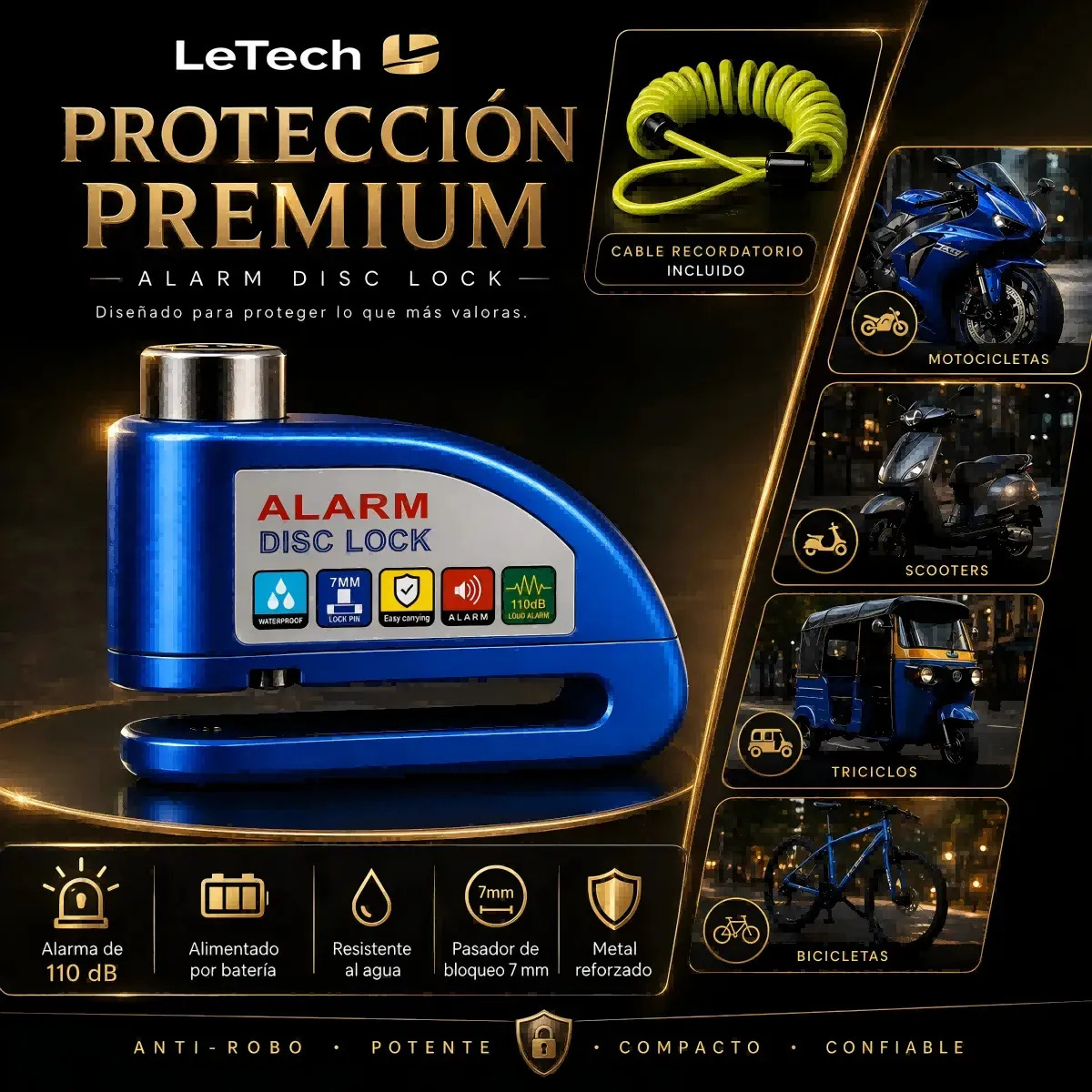 Candado de Disco LeTech con Alarma para Moto y Bicicleta, Antirrobo de 130dB
