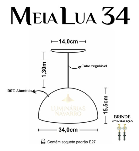 Luminária Pendente Meia Lua 34cm Int Branco Fiação 110/220 Estrutura Branco Brilho