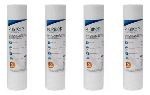 Paquete De 4 Cartuchos 5 Micras Sedimentos 2.5x10 Purikor Blanco