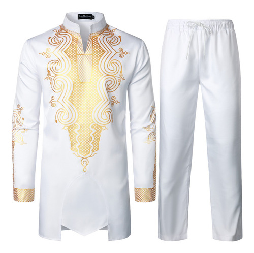 Traje Tipo Túnica Dashiki Con Estampado Dorado Para Hombre,