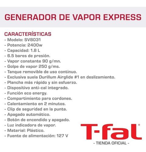 Imagen 3 de 7 de Generador De Vapor Plancha Tefal Eco Anti Cal Express T-fal