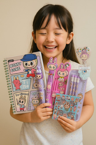 Pack Labubu Set Papelería Kawaii Libreta Stickers Escolar