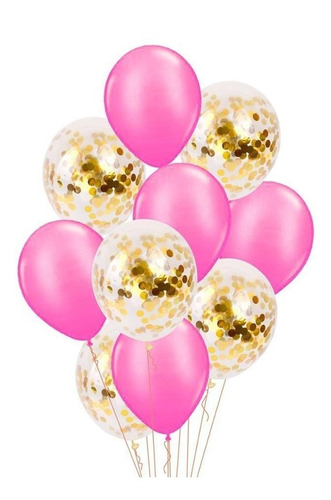 Set 10 Globos Transparente Cristal Confetti  Y Rosa Metal 