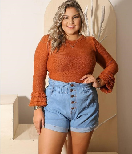 Short Plus Size Feminino Jeans Cintura Alta Com Elastico