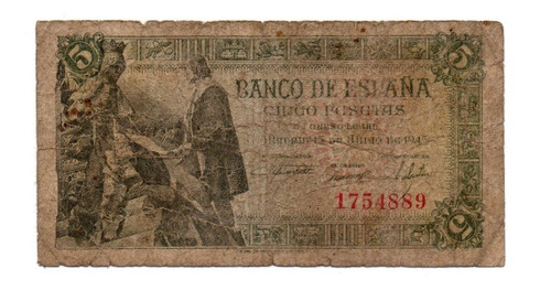 España Billete 5 Pesetas Año 1945 P#129 Cristobal Colon