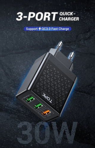 Carregador Rápido Topk 3 Portas Usb Qc3.0 30w 3a Branco