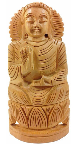 Imagem 4 de 4 de Estatueta Buda Em Madeira Indiana Entalhada 21cm Novo