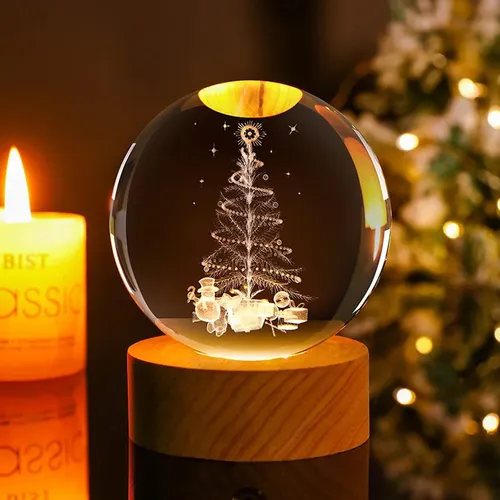 Luz Noche Cristal Árbol De Navidad 3d Led Usb Base Madera