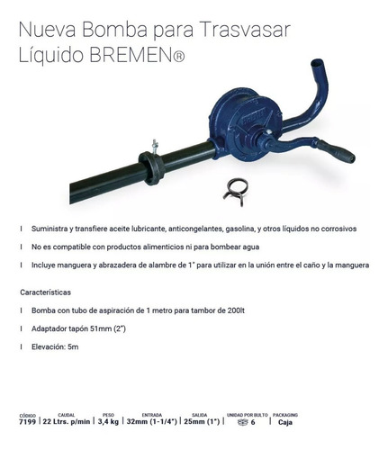 Bomba Manual Trasvasar Liquidos Tambor 200 Lts Bremen 7199