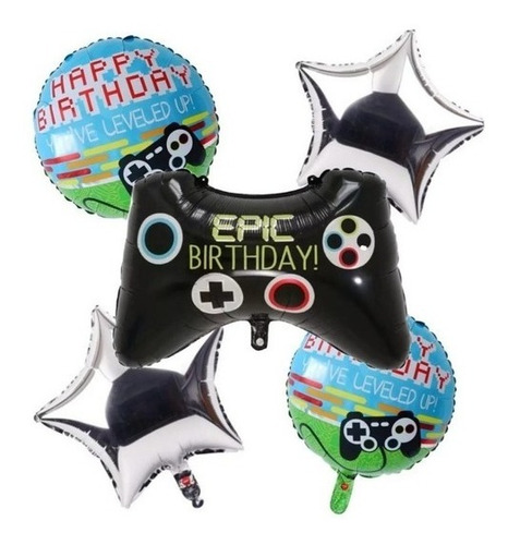 Imagen 1 de 2 de Set 5 Globos Metalizado Joystick Gamer Feliz Cumple Happy