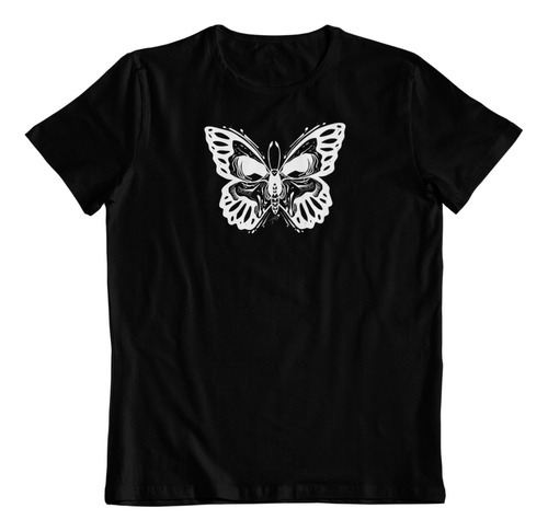 Polera Negra Algodon Estampado Dtf Mariposa Silueta De Crano