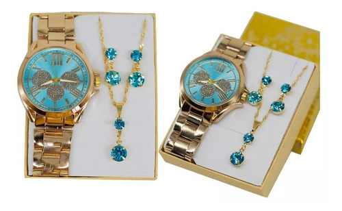 Relógio Feminino Dourado + Kit Colar E Brinco Foliado + Caix