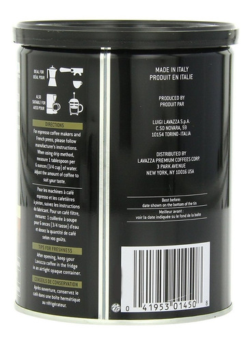 Blend Lavazza Espresso Caffe Café Molido, Medio Asado, Latas