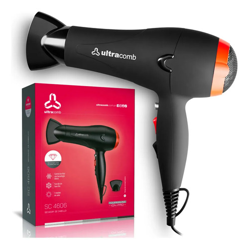 Secador De Pelo Ultracomb Tourmaline Ion Pro Sc-4606 Negro 3 Temperaturas cool shot 1 Boquilla Negro / Rojo