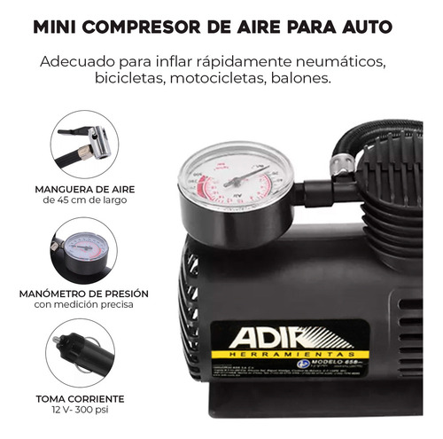 Compresor De Aire Mini Batería Portátil Adir 658 350 Psi 1 Manómetro Color Negro Negro