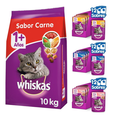 Imagen 1 de 10 de Whiskas Combo Alimento Seco Carne Y Humedo Mix Gato Adulto