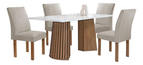 Mesa De Jantar 4 Lugares Stella Canela Com Vidro Ripado Tampa Bege Claro