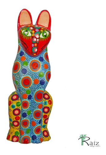 Escultura De Gato Madeira Entalhado E Pintado À Mão A (s)