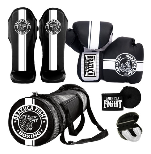 Kit Muaythai: Luva + Caneleira + Bolsa + Band. + Buc - Preto