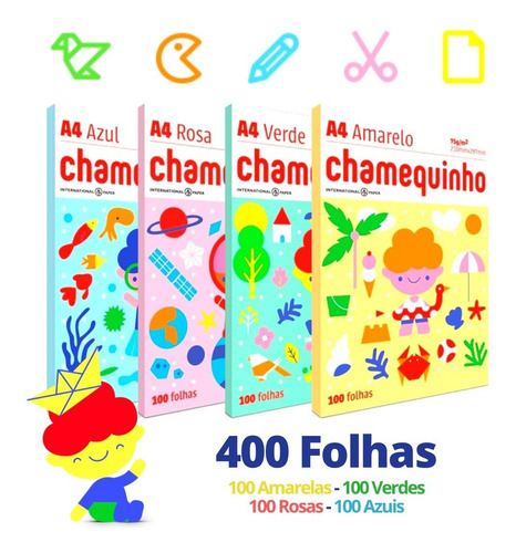 Papel Sulfite Chamequinho Colorido 4 Cores 400 Folhas A4 75g Cor Amarelas/ Verdes/ Rosas/ Azuis