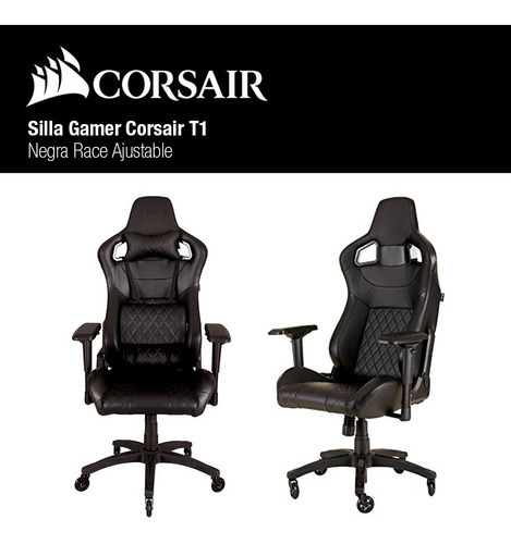 Silla Gamer Corsair T1 Negra Race Ajustable Color Black Material del tapizado Cuero sintético