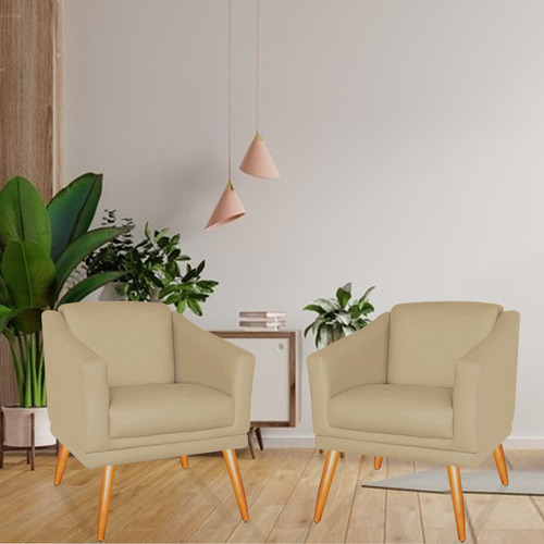 Kit 2 Poltronas San Diego Para Recepção Sala Estar Bege Desenho Do Tecido Corino