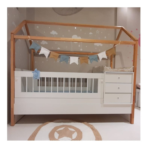 Imagen 2 de 10 de Cuna Cama Bebe Funcional Casita Montessori Colchon 80x140
