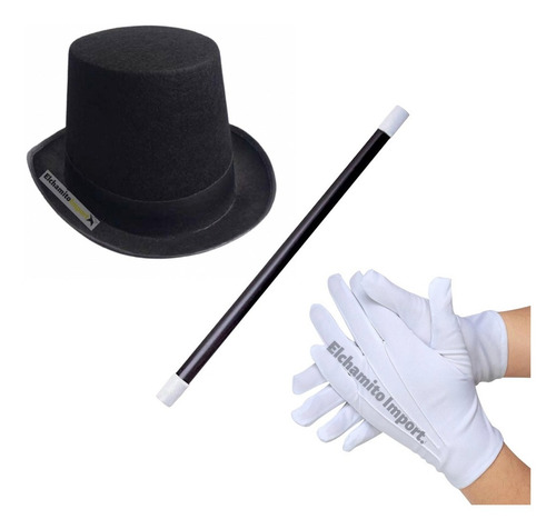 Imagen 1 de 6 de Sombrero De Mago + Varita + Guantes Para Adulto