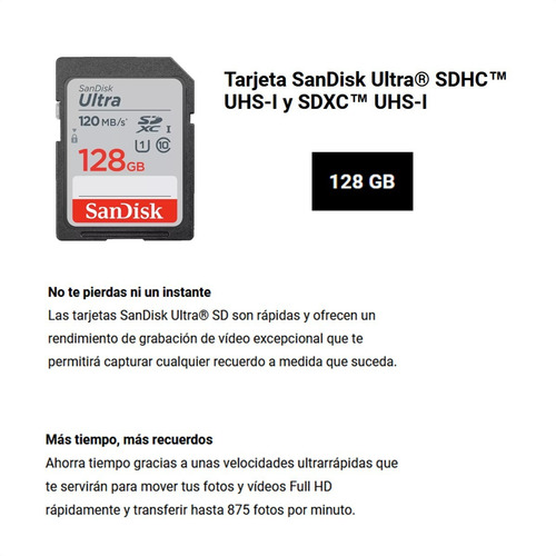 Imagen 2 de 5 de Tarjeta Sdxc 128gb Sandisk Ultra, Uhs-i, Clase 10, 120mb/s
