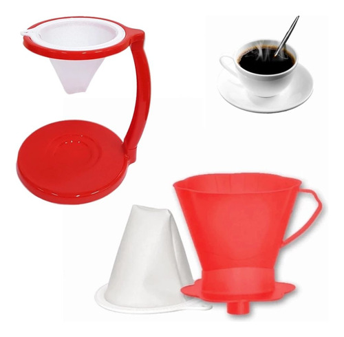 Kit Coador Para Cafe Com Suporte E Filtro Vermelho Plástico