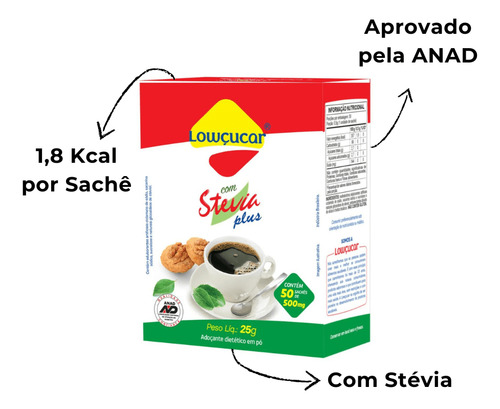 Kit Com 2 Adoçantes Lowçucar Com Stévia 50 Sachês De 0,5g