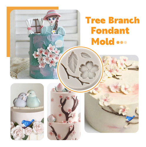 4pcs Molde De Silicona Rama Cerezo En Flor Pájaro Fondant Color Gris