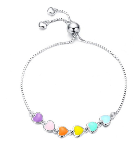 Pulsera Ajustable Para Mujer Corazones Multicolor En Plata 