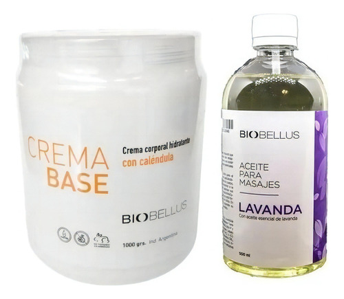  Crema Base Masajes 1kg + Aceite Lavanda 500ml - Biobellus Tipo De Envase Pote