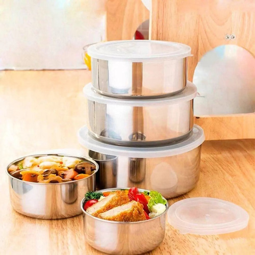 Conjunto De Tigelas Vasilha Pote Inox Kit 5 Com Tampa Cor Prateado