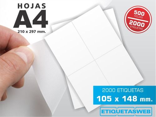 Etiquetas Autoadhesivas Hojas A4 105x148mm Caja X 500 Hojas