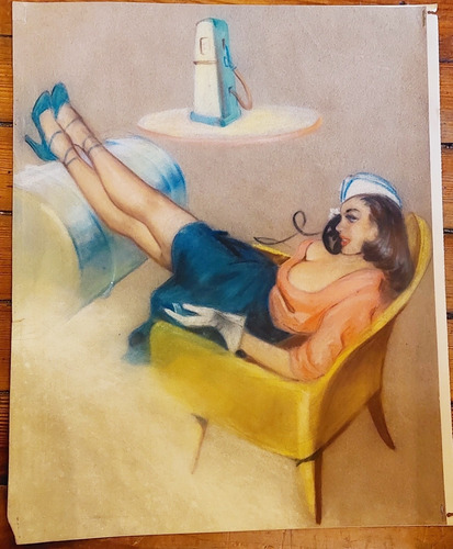 Pin Up Dibujo Original Pícaro Antiguo Surtidor Nafta Erotico