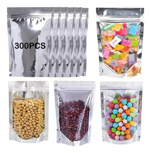 300 Piezas Bolsas Stand Up Pouch Plata Transparente Cierre