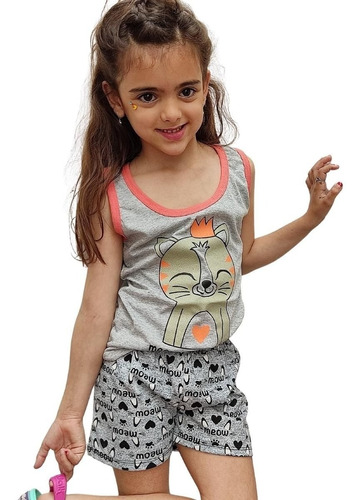 Pijama De Nena De Verano Remera Musculosa Y Short Gatito