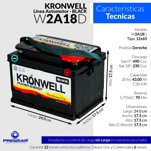 Imagen 2 de 10 de Bateria Kronwell 12x65 12v 65ah W2a18