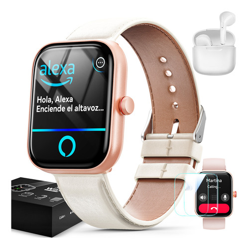 Reloj Smartwatch Con Alexa, Llamadas Bluetooth, Notificaciones De Apps, Fotos Personalizadas + Juegos + Calculadora | Incluye Audífonos, 2 Micas, 2 Correas | Regalos Para Padre, Madre, Esposa o Esposo