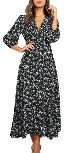 Vestido Largo Floral Manga Larga Para Mujer Casual Cuello V