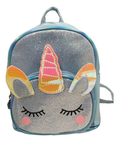 Mochila Chica Unicornio Brillante Brillos - Celeste